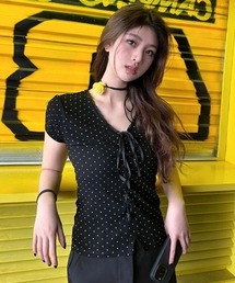 バレエコアフロントリボンドット柄半袖タイトTシャツ
