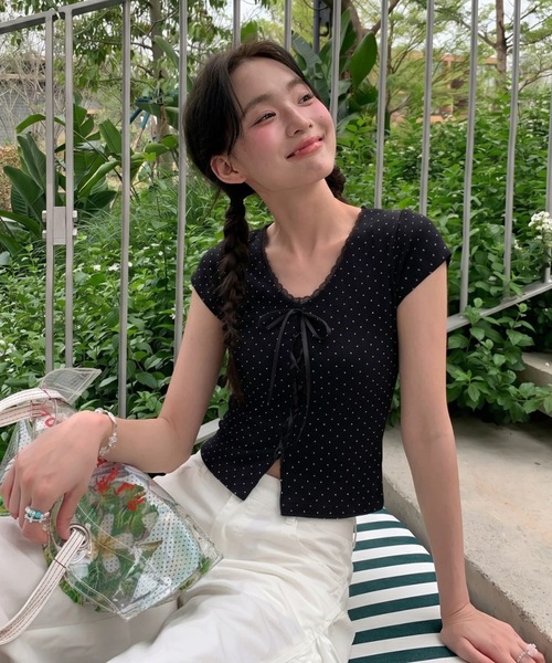 AVYL（アヴィル）の「バレエコアフロントリボンドット柄半袖タイトTシャツ（Tシャツ/カットソー・レディース・ブラック・M）」の3枚目の写真