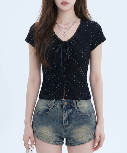 AVYL（アヴィル）の「バレエコアフロントリボンドット柄半袖タイトTシャツ（Tシャツ/カットソー・レディース・ブラック・M）」の13枚目の写真