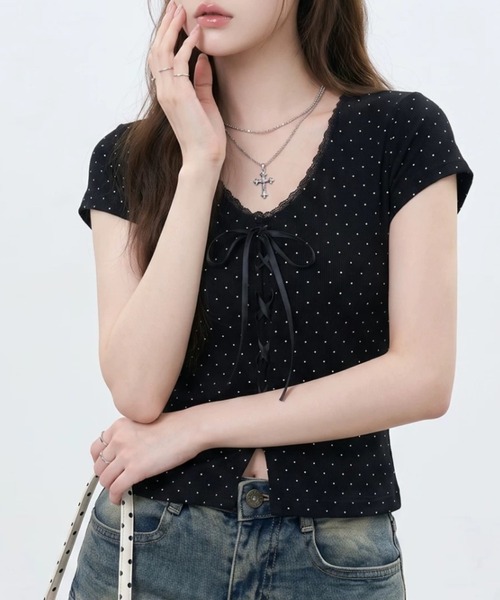 AVYL（アヴィル）の「バレエコアフロントリボンドット柄半袖タイトTシャツ（Tシャツ/カットソー・レディース・ブラック・M）」の14枚目の写真