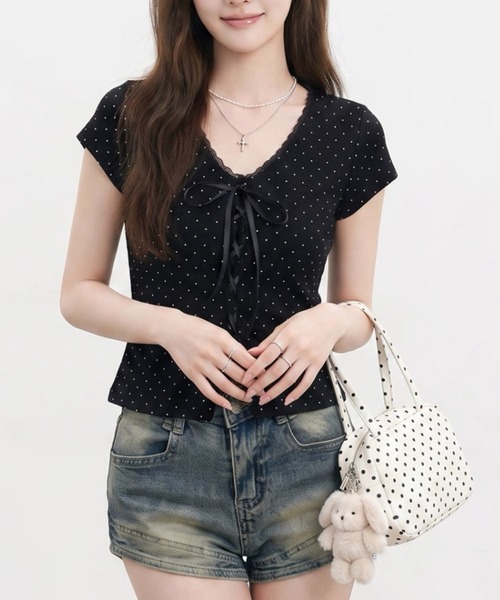 AVYL（アヴィル）の「バレエコアフロントリボンドット柄半袖タイトTシャツ（Tシャツ/カットソー・レディース・ブラック・M）」の15枚目の写真