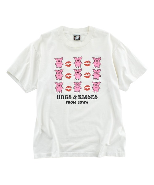 SCREEN STARS(スクリーンスターズ)の「【USED】90’s SCREEN STARS “HOGS & KISSES FROM IOWA” アニマル Tシャツ USA製(Tシャツ/カットソー・メンズ・ホワイト・LARGE)」の1枚目の写真