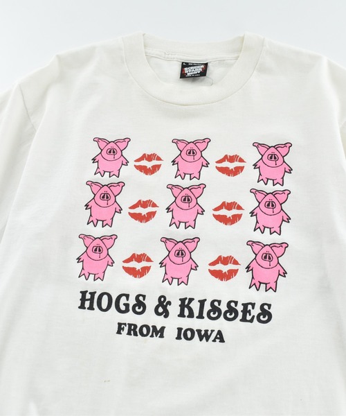 SCREEN STARS(スクリーンスターズ)の「【USED】90’s SCREEN STARS “HOGS & KISSES FROM IOWA” アニマル Tシャツ USA製(Tシャツ/カットソー・メンズ・ホワイト・LARGE)」の2枚目の写真