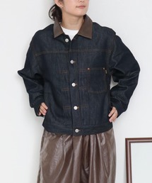 襟レザー リジットデニムジャケット