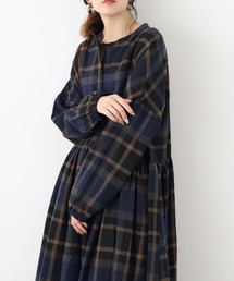ネルウエスト切替長袖ギャザーワンピース【ロング丈】
