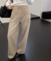 ウォッシュ加工 ワイドストレートカラーデニムパンツ