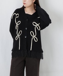 LC/LLL リブコード刺繍レース切替カーディガン