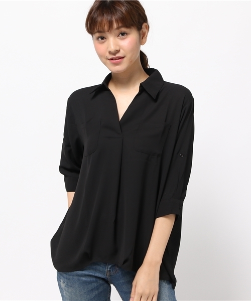 reca(レカ)の「7分袖スキッパーシフォンシャツ(シャツ/ブラウス・レディース・ブラック/カーキ/レッド/オフホワイト・M)」の6枚目の写真