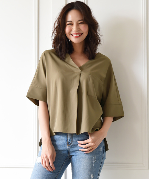 Luz Llena (philter)(ラズレナ フィルター)の「ジョーゼット・ドルマン半袖ブラウス(シャツ/ブラウス)」|カーキ