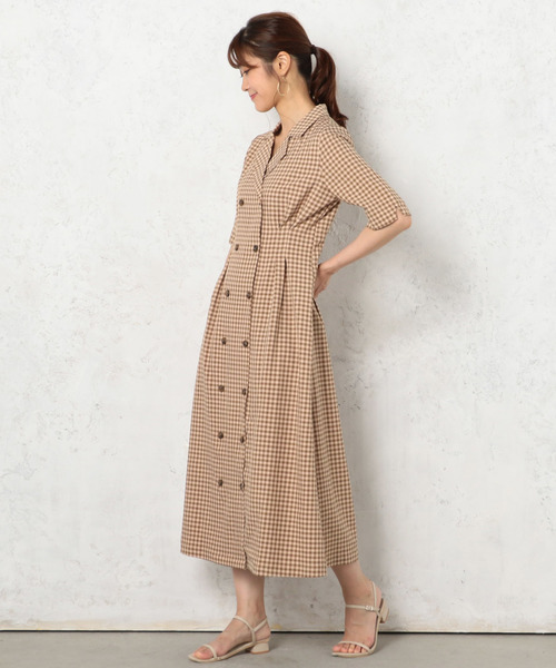 DABUWAWA 上品 長袖ショートワンピース チェック ダブルブレスト Dabuwawa(ダブワワ) ワンピース・オールインワン(レディース
