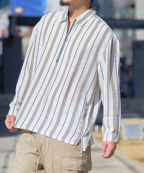 JOHN'S CLOSET(ジョンズクローゼット)の「【a】エステル素材プリントハーフZIP長袖シャツ(シャツ/ブラウス・メンズ・ホワイト/ブラック/ベージュ/カーキ/オレンジ/ブラック系その他2/ベージュ系その他2/ベージュ系その他3・MEDIUM/LARGE)」の2枚目の写真