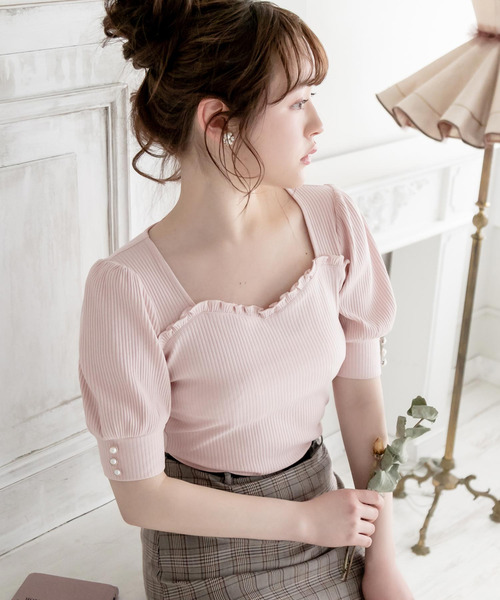 夢展望（ユメテンボウ）の「リボン付パフスリビスチェライクトップス（Tシャツ/カットソー・レディース・ブラック/オフホワイト/ピンク/ミント・MEDIUM/LARGE）」の4枚目の写真