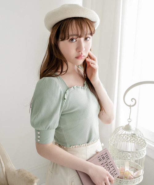 夢展望（ユメテンボウ）の「リボン付パフスリビスチェライクトップス（Tシャツ/カットソー・レディース・ブラック/オフホワイト/ピンク/ミント・MEDIUM/LARGE）」の3枚目の写真