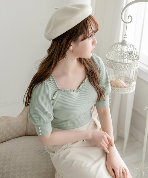 夢展望（ユメテンボウ）の「リボン付パフスリビスチェライクトップス（Tシャツ/カットソー・レディース・ブラック/オフホワイト/ピンク/ミント・MEDIUM/LARGE）」の8枚目の写真