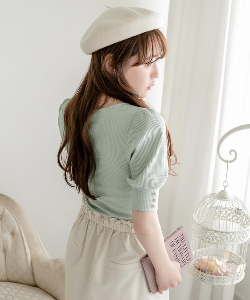 夢展望（ユメテンボウ）の「リボン付パフスリビスチェライクトップス（Tシャツ/カットソー・レディース・ブラック/オフホワイト/ピンク/ミント・MEDIUM/LARGE）」の10枚目の写真