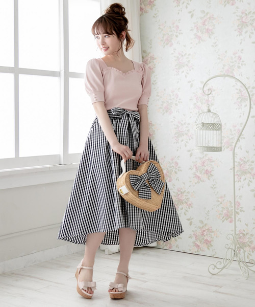 夢展望（ユメテンボウ）の「リボン付パフスリビスチェライクトップス（Tシャツ/カットソー・レディース・ブラック/オフホワイト/ピンク/ミント・MEDIUM/LARGE）」の11枚目の写真