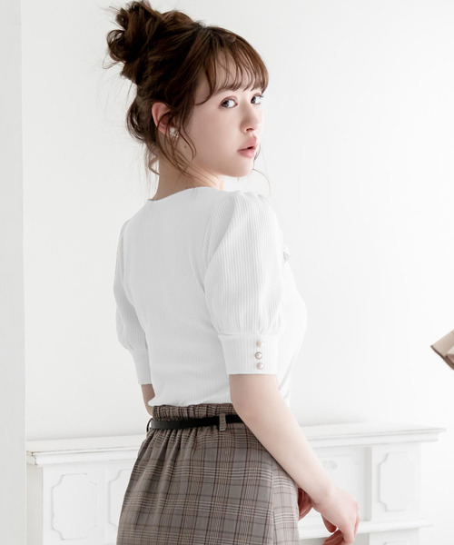 夢展望（ユメテンボウ）の「リボン付パフスリビスチェライクトップス（Tシャツ/カットソー・レディース・ブラック/オフホワイト/ピンク/ミント・MEDIUM/LARGE）」の12枚目の写真