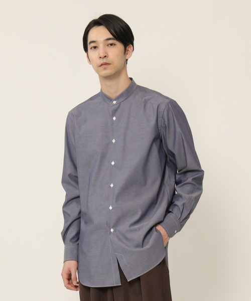 KASHIYAMA(カシヤマ)の「バンドカラーロングスリーブ ロイヤルオックス ロングテイルシャツ(シャツ/ブラウス・メンズ・ホワイト/ネイビー・マルチサイズ)」の2枚目の写真