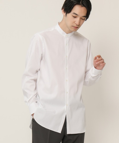 KASHIYAMA(カシヤマ)の「バンドカラーロングスリーブ ロイヤルオックス ロングテイルシャツ(シャツ/ブラウス・メンズ・ホワイト/ネイビー・マルチサイズ)」の1枚目の写真