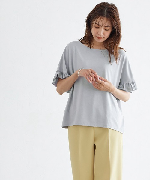 Pierrot(ピエロ)の「●フリル袖デザインTシャツ(Tシャツ/カットソー・レディース・ブラック/オフホワイト/ピンク/ブルー/モカ/グレイッシュベージュ/グリーン/ラベンダー/ベージュ・M/L)」の7枚目の写真