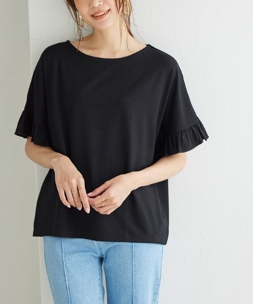 Pierrot(ピエロ)の「●フリル袖デザインTシャツ(Tシャツ/カットソー・レディース・ブラック/オフホワイト/ピンク/ブルー/モカ/グレイッシュベージュ/グリーン/ラベンダー/ベージュ・M/L)」の3枚目の写真
