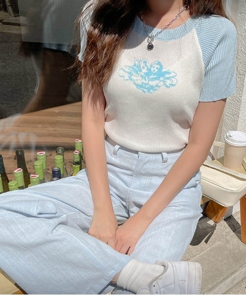 SONA（ソナ）の「SONYUNARA 配色クロップ半袖ニット（Tシャツ/カットソー・レディース・スカイブルー/ブラック/パープル・FREE）」の3枚目の写真