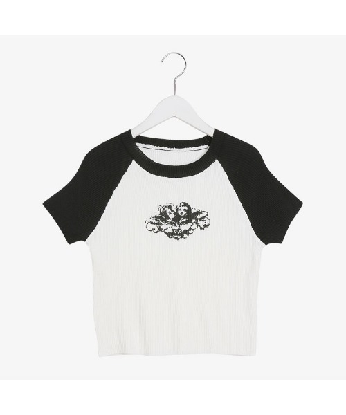 SONA（ソナ）の「SONYUNARA 配色クロップ半袖ニット（Tシャツ/カットソー・レディース・スカイブルー/ブラック/パープル・FREE）」の2枚目の写真