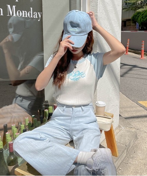 SONA（ソナ）の「SONYUNARA 配色クロップ半袖ニット（Tシャツ/カットソー・レディース・スカイブルー/ブラック/パープル・FREE）」の13枚目の写真