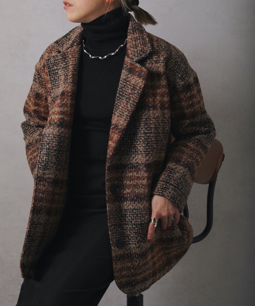 ap retro(アプレトロ)の「チェック柄ショートコート(テーラードジャケット・レディース・グリーン/ブラウン・FREE)」の2枚目の写真