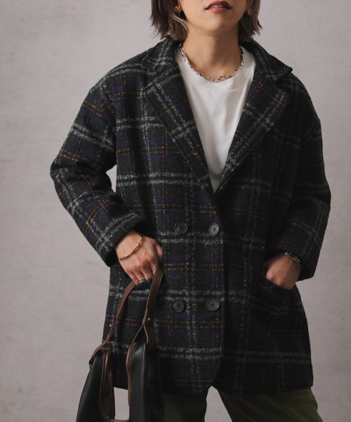 ap retro(アプレトロ)の「チェック柄ショートコート(テーラードジャケット・レディース・グリーン/ブラウン・FREE)」の21枚目の写真