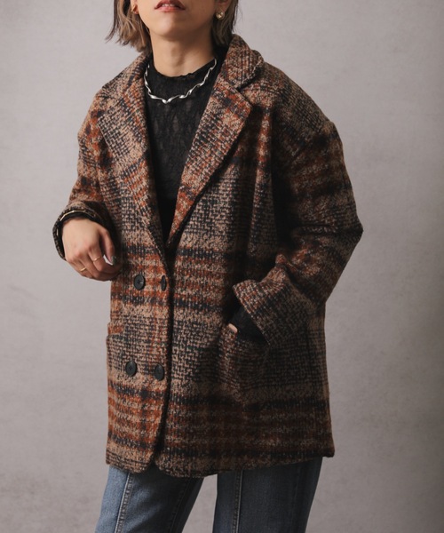 ap retro(アプレトロ)の「チェック柄ショートコート(テーラードジャケット・レディース・グリーン/ブラウン・FREE)」の4枚目の写真