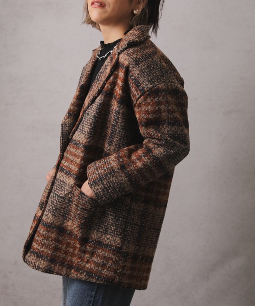 ap retro(アプレトロ)の「チェック柄ショートコート(テーラードジャケット・レディース・グリーン/ブラウン・FREE)」の8枚目の写真