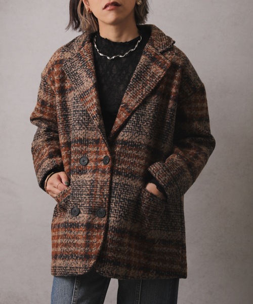 ap retro(アプレトロ)の「チェック柄ショートコート(テーラードジャケット・レディース・グリーン/ブラウン・FREE)」の5枚目の写真