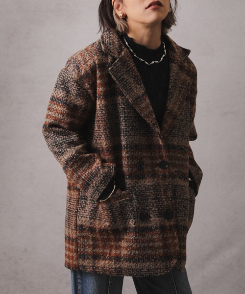 ap retro(アプレトロ)の「チェック柄ショートコート(テーラードジャケット・レディース・グリーン/ブラウン・FREE)」の7枚目の写真