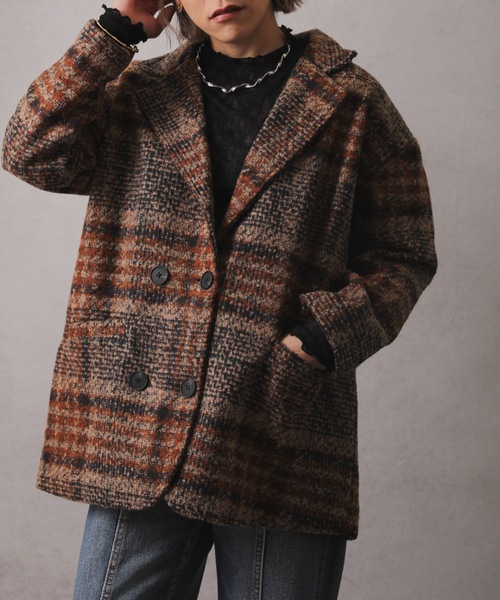 ap retro(アプレトロ)の「チェック柄ショートコート(テーラードジャケット・レディース・グリーン/ブラウン・FREE)」の6枚目の写真
