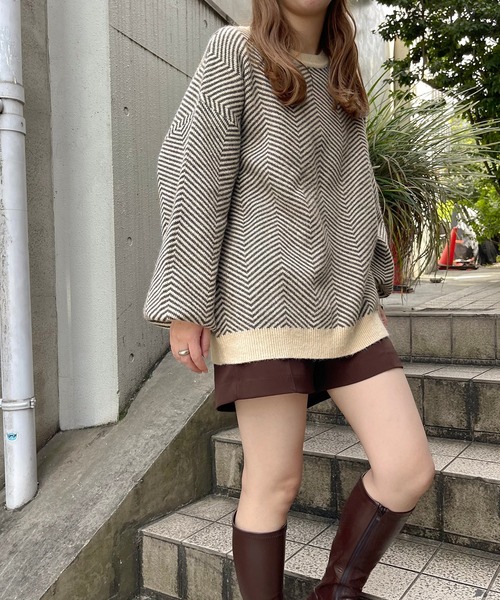 apres jour clair(アプレジュールクレア)の「【apres jour clair】ヘリンボーン柄ニット(ニット/セーター・レディース・ネイビー/モカ・X-LARGE/フリー)」の14枚目の写真