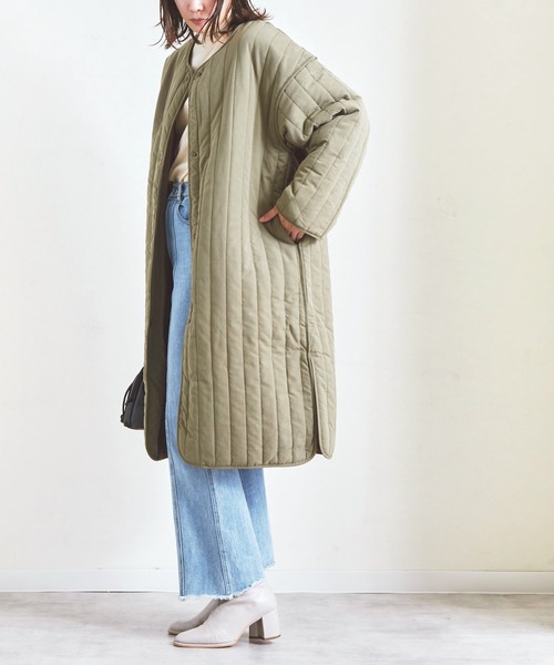 Fizz（フィズ）の「【Fizz/フィズ】　縦キルト中綿入りパイピングノーカラーロングコート（ノーカラーコート・レディース・ブラック/ベージュ/カーキ/アイボリー・M）」の8枚目の写真