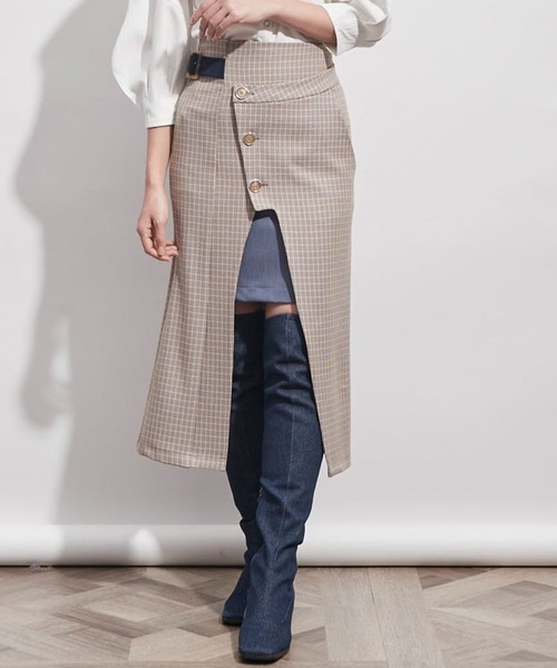 REDYAZEL(レディアゼル)の「チェック配色サイドベルト付きスカート(スカート・レディース・ベージュ/ネイビー/イエロー・SMALL/MEDIUM)」の3枚目の写真