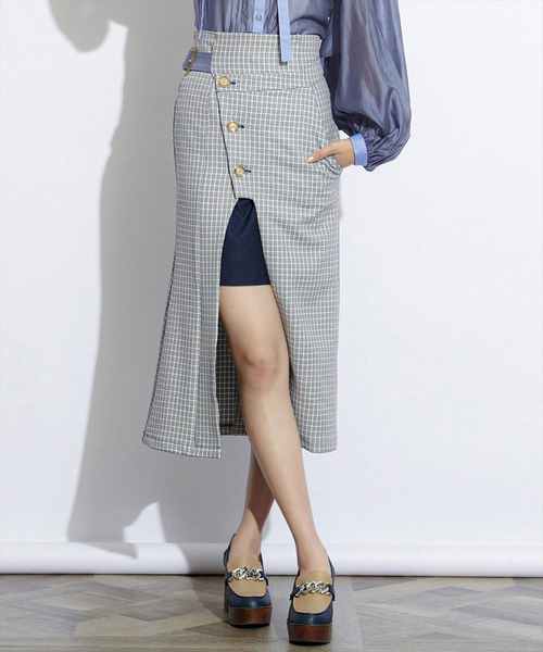 REDYAZEL(レディアゼル)の「チェック配色サイドベルト付きスカート(スカート・レディース・ベージュ/ネイビー/イエロー・SMALL/MEDIUM)」の19枚目の写真