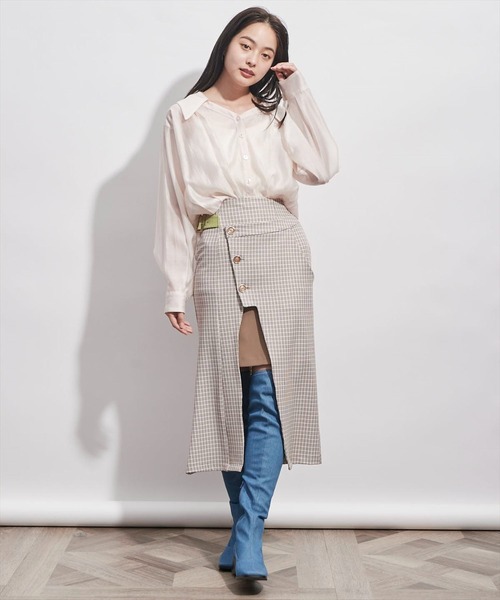 REDYAZEL(レディアゼル)の「チェック配色サイドベルト付きスカート(スカート・レディース・ベージュ/ネイビー/イエロー・SMALL/MEDIUM)」の5枚目の写真