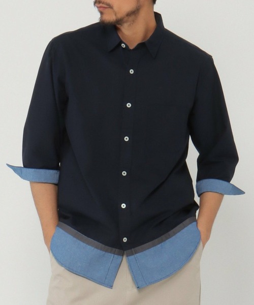 ikka(イッカ)の「7分袖オックス裾切り替えシャツ(シャツ/ブラウス・メンズ・ホワイト/ベージュ/ネイビー・S/M/L/XL)」の3枚目の写真