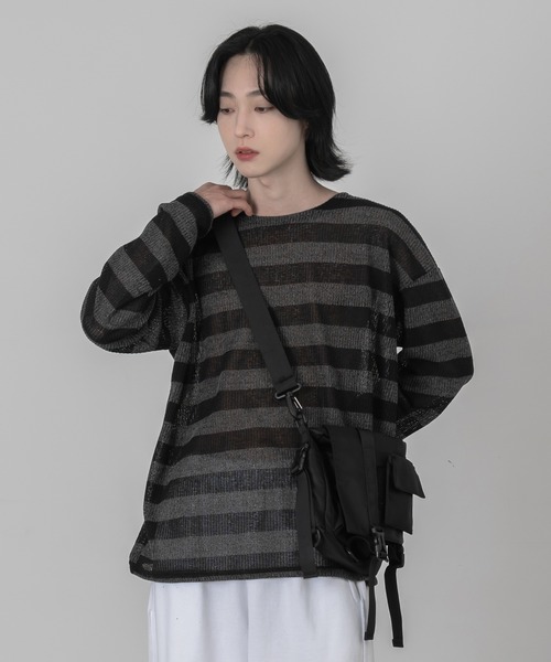 セール】【UNISEX】ボーダーシースルーサマーニット（Tシャツ