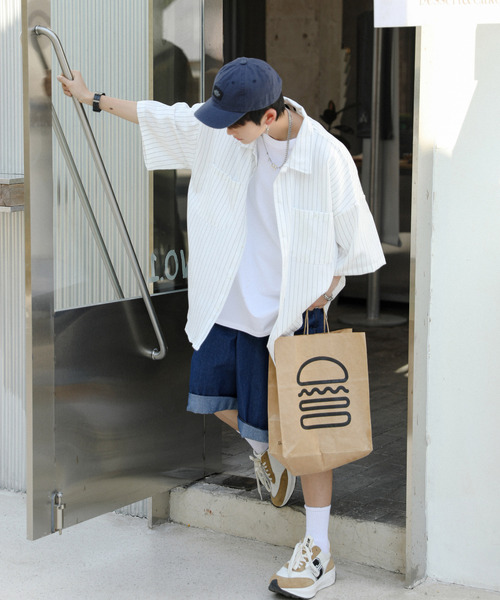 neos（ネオス）の「【neos -addictive design-】ルーズシルエット ピンストライプ ハーフスリーブ ワークシャツ（シャツ/ブラウス・メンズ・グレイッシュベージュ/ネイビー/チャコールグレー/グリーン/ホワイト・X-LARGE/LARGE/MEDIUM）」の12枚目の写真