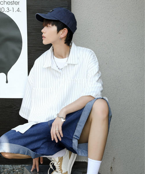 neos（ネオス）の「【neos -addictive design-】ルーズシルエット ピンストライプ ハーフスリーブ ワークシャツ（シャツ/ブラウス・メンズ・グレイッシュベージュ/ネイビー/チャコールグレー/グリーン/ホワイト・X-LARGE/LARGE/MEDIUM）」の14枚目の写真