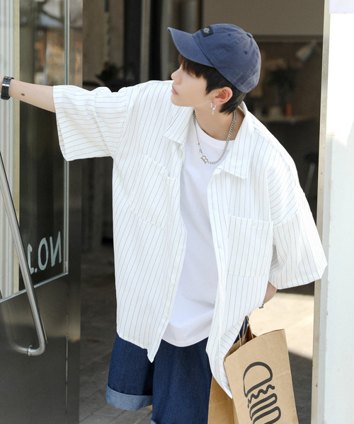 neos（ネオス）の「【neos -addictive design-】ルーズシルエット ピンストライプ ハーフスリーブ ワークシャツ（シャツ/ブラウス・メンズ・グレイッシュベージュ/ネイビー/チャコールグレー/グリーン/ホワイト・X-LARGE/LARGE/MEDIUM）」の15枚目の写真