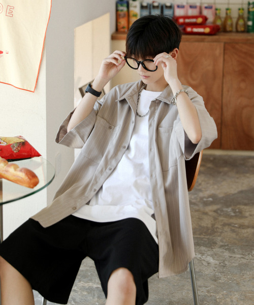 neos（ネオス）の「【neos -addictive design-】ルーズシルエット ピンストライプ ハーフスリーブ ワークシャツ（シャツ/ブラウス・メンズ・グレイッシュベージュ/ネイビー/チャコールグレー/グリーン/ホワイト・X-LARGE/LARGE/MEDIUM）」の20枚目の写真