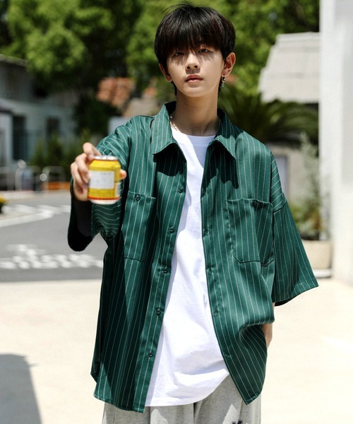 neos（ネオス）の「【neos -addictive design-】ルーズシルエット ピンストライプ ハーフスリーブ ワークシャツ（シャツ/ブラウス・メンズ・グレイッシュベージュ/ネイビー/チャコールグレー/グリーン/ホワイト・X-LARGE/LARGE/MEDIUM）」の9枚目の写真