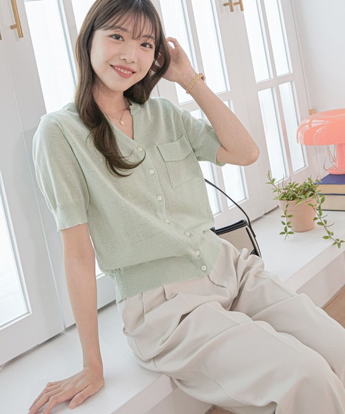 CHAN ME(チャンミ)の「フラップポケットサマーカーディガン(ニット/セーター・レディース・ベージュ/ミント/キャメル・FREE)」の18枚目の写真