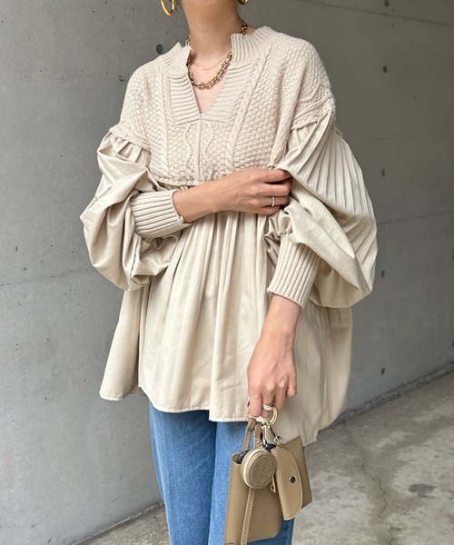 DouDou(ドゥドゥ)の「【WEB限定】プリーツ切替ケーブルニットプルーバー(シャツ/ブラウス・レディース・ブラック/ブラウン/ベージュ/チャコールグレー/オフホワイト/ライトベージュ・FREE)」の6枚目の写真