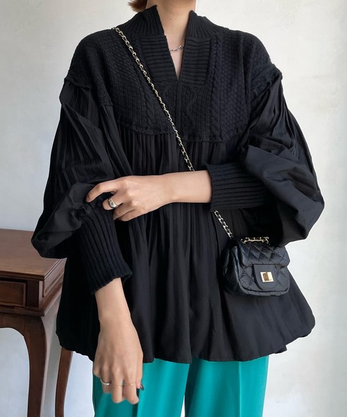 DouDou(ドゥドゥ)の「【WEB限定】プリーツ切替ケーブルニットプルーバー(シャツ/ブラウス・レディース・ブラック/ブラウン/ベージュ/チャコールグレー/オフホワイト/ライトベージュ・FREE)」の12枚目の写真